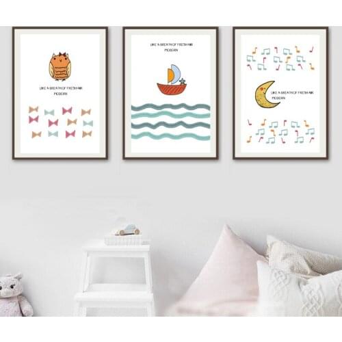 Nordic Minimalist Hand-Painted Boat, Moon, Owl Kid Room Canvas Painting Lovely Vivid Baby Wall Art Picture Poster Bedroom Decor