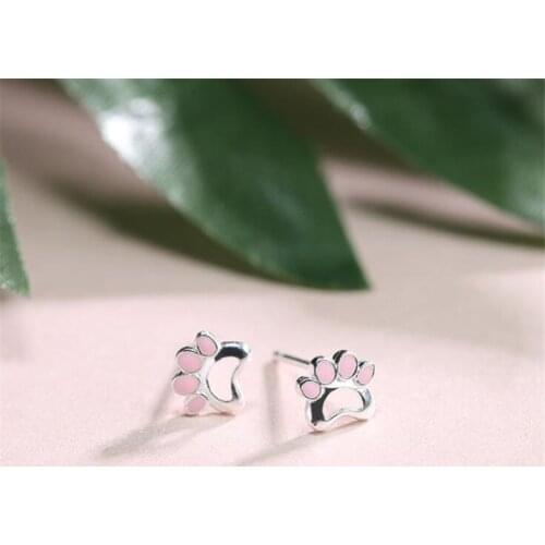 New Fashion Beautiful Creative Cute Animal 925 Sterling Silver Jewelry Sweet Cat Claw Pink Exquisite Stud Earrings SE523