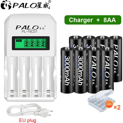 PALO 4-12pcs 3000mAh NI-MH 1.2V AA Rechargeable Batteries aa battery rechargeable battery with LCD display smart battery charger