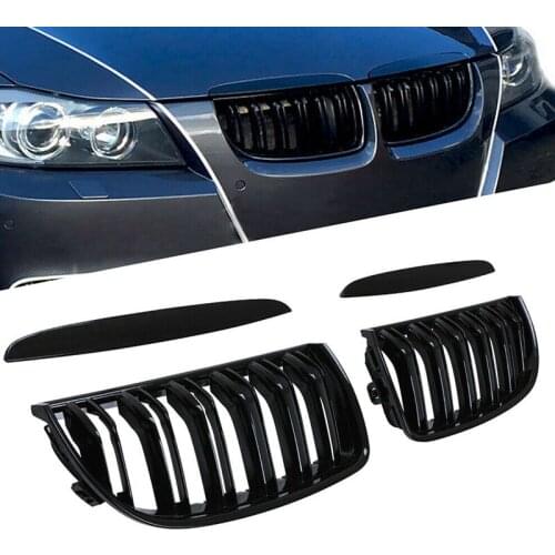Front Kidney Grille Hood Grills -Double Line for BMW E90 323I 328I 335I 330I 325I 3-Series 2005-2008 (Gloss Black)