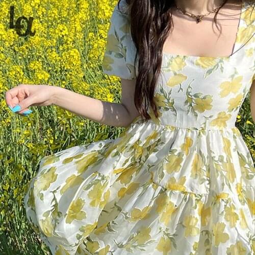 Luck A Short Sleeve Elegant Mini Dress Women Fairy Design Casual Vintage Floral Dress Party One Piece Dress Korean 2021 Summer