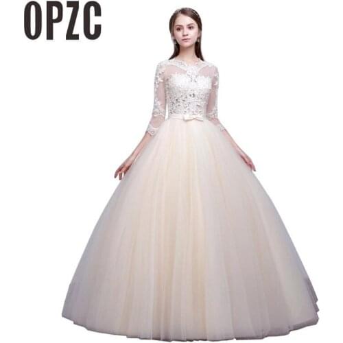 Champagne white Luxury Appliques Princess Elegant Wedding Dress 2020 New Three Quarter Sleeve Bridal Gowns Vestidos De Noiva