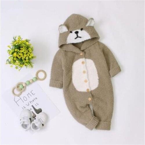 Knitted Baby Romper Autumn Winter Animal Bear Baby Boy Romper Fleece Hooded Newborn Baby Clothes Infant Jumpsuit Girl Overalls