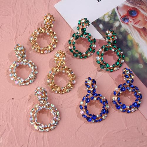Flatfoosie Luxury Crystal Drop Earrings For Women Fashion Round Colorful Shine Statement Earrings Pendientes Jewelry Accessories