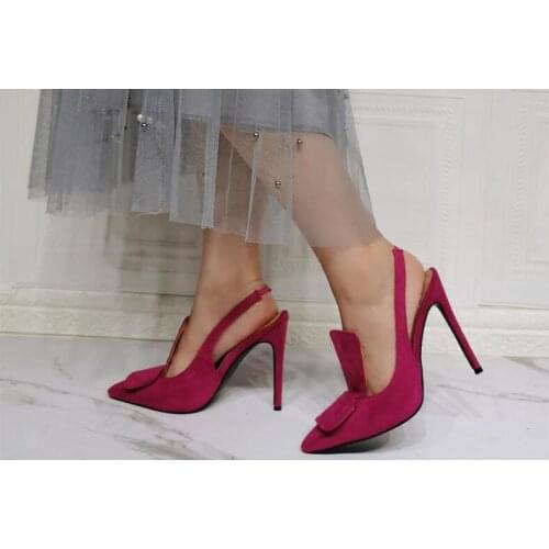 Dipsloot New Woman Fashion Dark Pink Suede Pointed Toe Slingback Slip On Pumps Female Elastic Band Big Pad Shallow Heels Shoes