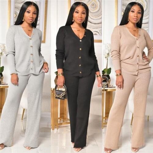 Women’s Two Piece Outfits, Knitting Long Sleeve V Neck Button Down Loose Top and Pants Set Loungewear
