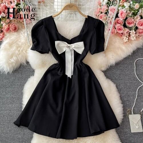 HangCode Korean Fashion White Black Women Dress Chic Bow V-Neck Backless Short Women Dress Elegant High Waist Party Dresses