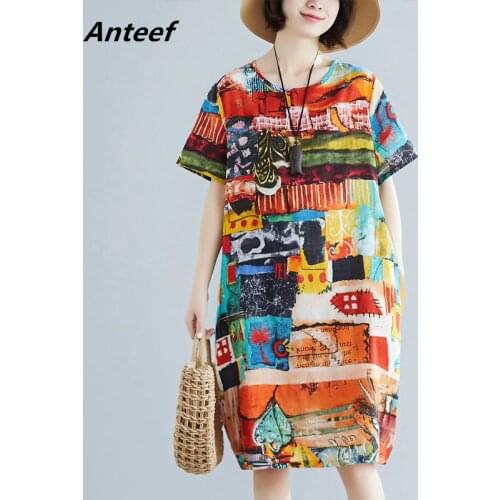 Cotton linen plus size vintage floral women casual loose midi summer beach dress elegant clothes 2021 ladies dresses sundress