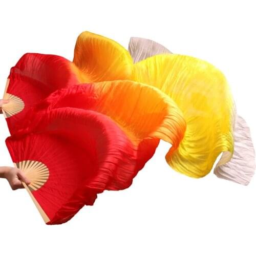 100% Silk Bamboo Ribs Long Fans Handmade Dyed High Quality Silk Belly Dance Fans Red+Orange+Yellow+White 1 Pair Left+Right 5Size
