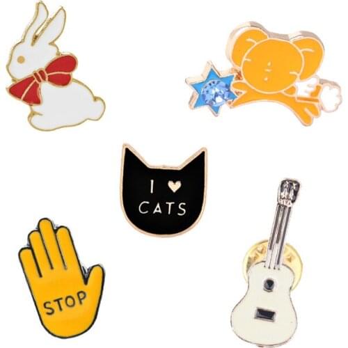 2-3Pcs Set Cute Cartoon Brooches Rabbit Guitar Cats Hand Bear Enamel Lapel Pins Women Hat Bag Button Badges Kids Jewelry Collect
