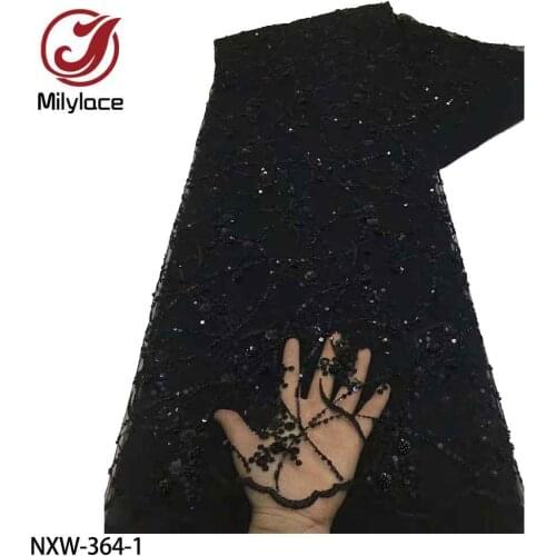 African Sequined Lace Fabric Latest 2021 Embroidery French Bead Tube Lace Fabric 5 Yards Tulle Mesh Fabric for Party NXW-364