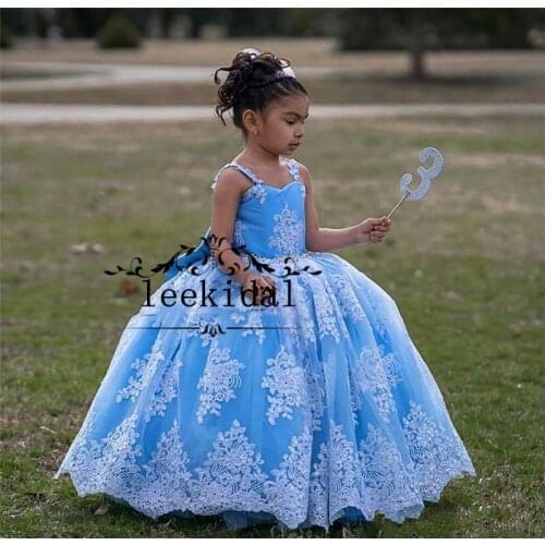 Princess Ball Gown Flower Girls Dresses For Weddings Vintage Lace Crystals Girls Birthday Pageant First Holy Communion Gown