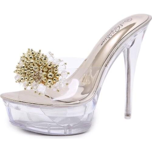 Female Transparent High Heels Slip On Sexy Nightclub Party Shoes Summer Platform Sandals Women Sexy Crystal Glass Beads
