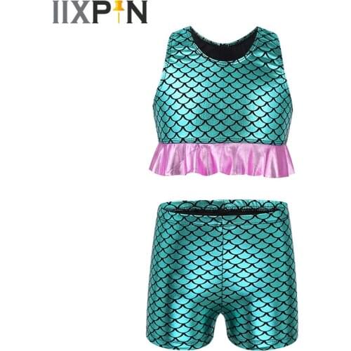 Kids Girls Gymnastics Cheerleading Dance Costume Mermaid Fish Scales Printed Racer Back Peplum Crop Tops with Boy-cut Shorts