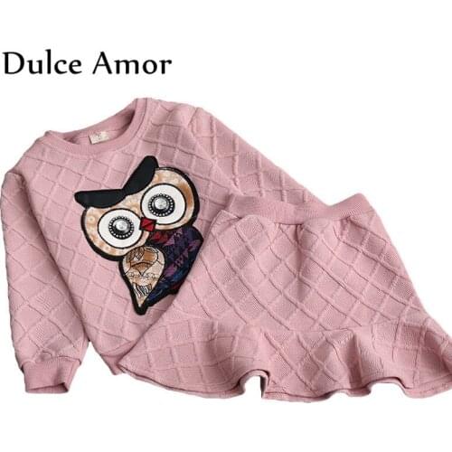 Dulce Amor Girls Clothes Set 2019 New Spring Cotton Kid Clothing Suit For Girl Long Sleeve Embroidery Owl Sweatshirt + Skirt