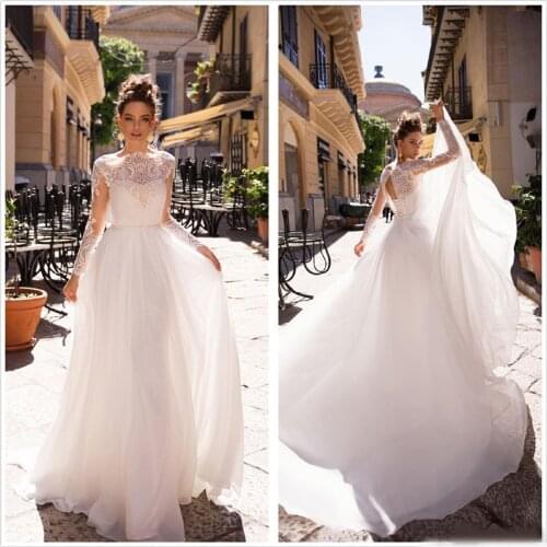 Elegant Chiffon A Line Bohemia Wedding Dresses 2020 Long Sleeves Lace Top Sweep Train Summer Beach Wedding Bridal Gowns With Lac