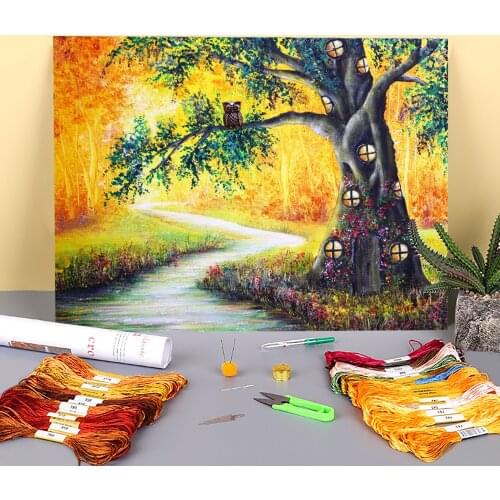 Natural Scenery Little Owl Printed 11CT Cross Stitch Patterns Embroidery DMC Threads work Handmade Craft Handicraft Floss