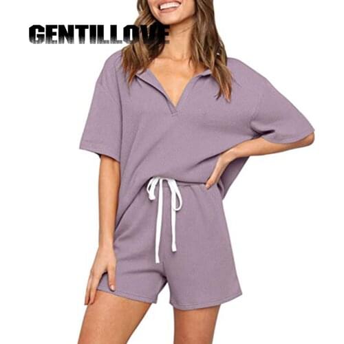 Lace Up Elastic Waist Women 2 Piece Sets Knitted V-Neck Elegant Loose Casual Outfits Pullover Short Sleeve Tops Shorts Tracksuit