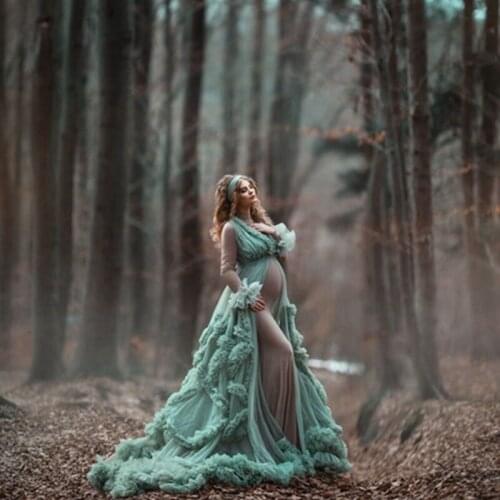 Beautiful Tulle Ruffles Maternity Robes Long Dress Elegant Soft Mesh Pregnancy Dresses Open Front Forest Bridal Gowns 2021