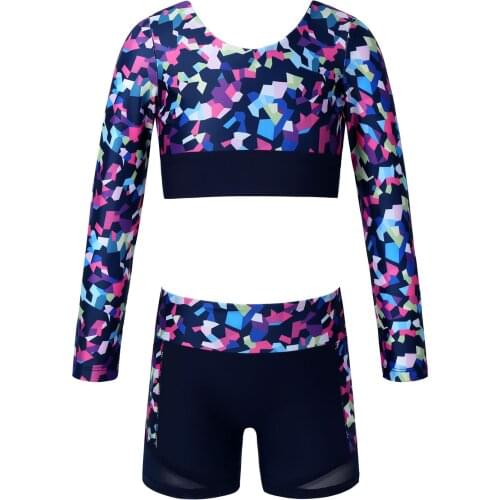 Colorful Kids Girls Gym Sport Suit Yoga Fitness Dance Short Sets Long Sleeve Fish Scale Print Crop Top High Waist Sport Bottoms
