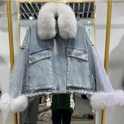 90% White Duck Down Jacket for Women Parkas Korean Bat Sleeves Short Denim Coat with Big Fur Collar Winter New Loose Outerwear