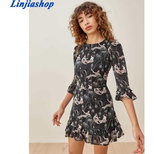 Summer Women mini dress bohemian chiffon short sleeves floral print slim with ruffles femme vestidos