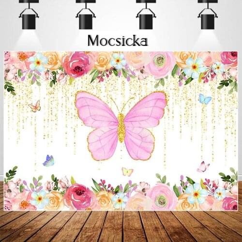 MOCSICKA Pink Golden Butterfly Birthday Backdrop Watercolor Flower Baby Shower Photography Backgropund Dessert Table Decor Props