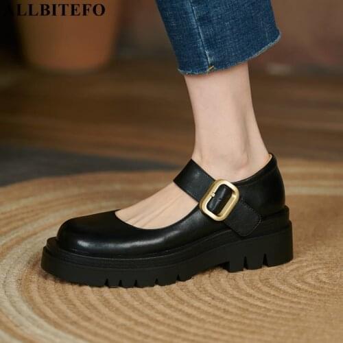 ALLBITEFO buckle design Fashion Waterproof platform shoes comfortable genuine leather women heels shoes girls high heel shoes