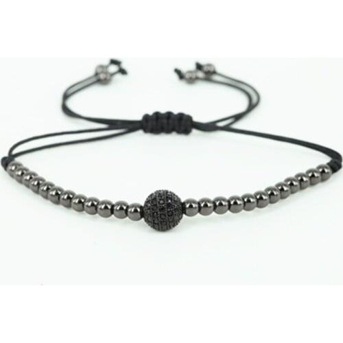 Men Macrame Bracelets 8mm Gun Black Micro Pave Black CZ Ball Beads & 4mm Brass Beads Braiding Bracelet Charm Men Jewelry