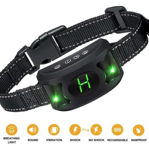Rechargeable Anti-Bark Dog Breathing Light Shock Vibration Humane No Bark Collar 100g2280