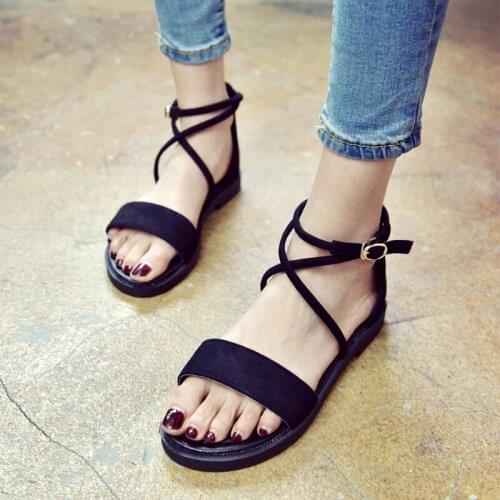 2021 Women Ankle Strap Sandals Female Flock Leather Flat Ladies Buckle Solid Shoes Womens Summer Casual Open Toe Footwear