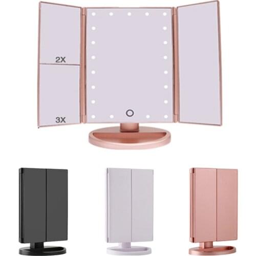 LED Folding Makeup Mirror 1X 2X 3X Magnification Lighted Vanity Mirror Touch Control Trifold Dual Power Portable Beauty Mirrors