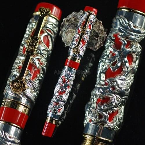 Jinhao Collection Dragon Phoenix Vintage Fountain Pen, Metal Carving Embossing Heavy Pen, Silver & Red For Office School