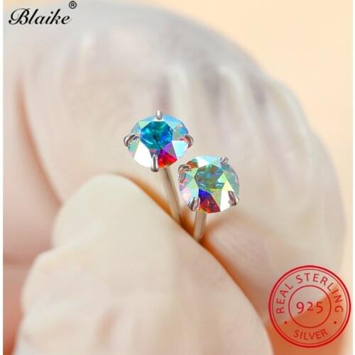 S925 Sterling Silver Earrings Rainbow Crystal Stone Small Bar Stud Earrings For Women Men Minimalist Round Earrings Fine Jewelry
