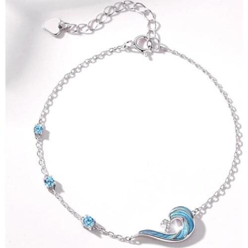 Sole Memory Blue Drip Glaze Enamel Wave Spray 925 Sterling Silver Female Resizable Bracelets SBR306
