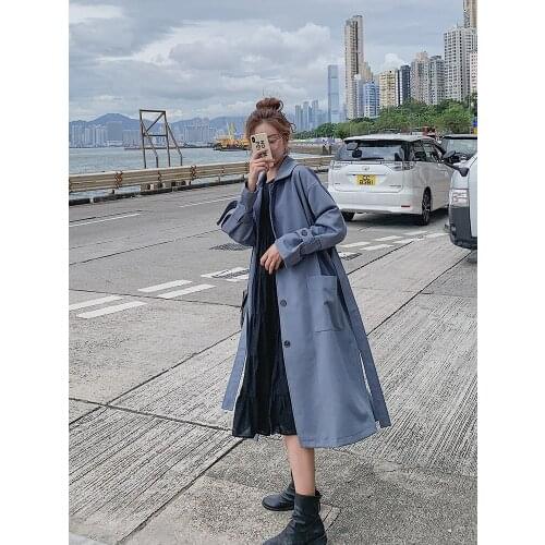 Blue Trench Coat Women Long British Style 2021 Autumn Long Sleeve Trench Coat Korean Spring Loose Temperament Windbreaker Coat