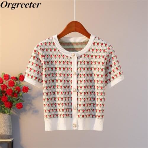 Jacquard Knit Cardigan Floral Thin Summer Womens Tops 2021 Summer New Pearl button Contrast color Single-breasted Knitwear