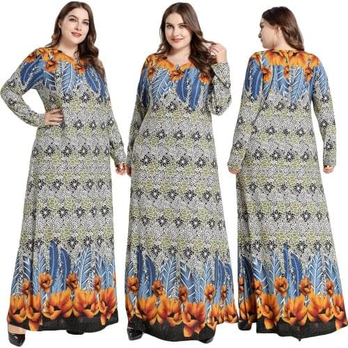 Dubai Women Muslim Long Sleeve Maxi Dress Printed Casual Loose Kaftan Islamic Jilbab Ramadan Plus Size Ladies Dresses Robe Gown