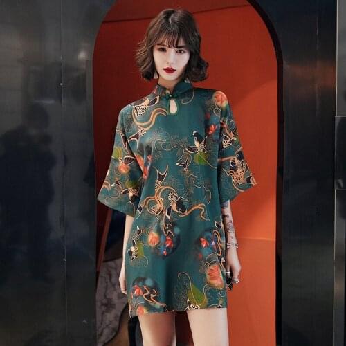 Women Retro Cheongsam Girl Traditional Chinese Hanfu Qi Pao Harajuku Carp Crane Printed Paty Dress