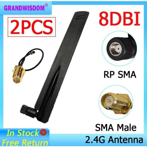 2pcs 2.4GHz WiFi Antenna 8dBi Aerial RP-SMA Male 2.4 ghz antena wi-fi Router +21cm PCI U.FL IPX to SMA Male Pigtail Cable