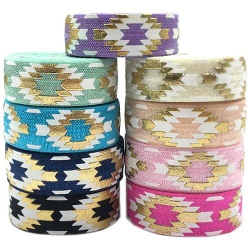 1 Meter 16mm Gold Foil Aztec Print Fold Over Elastic FOE Baby Headband Diy Holiday Party Sewing Hair Band Strap Decorative
