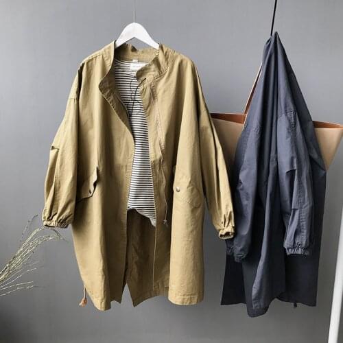 90%Cotton Loose Oversized Women Trench Coat Adjustable Waist Casual Black Khaki Outerwear Female Zipper Long Windbreaker Autumn