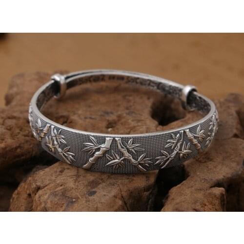 Solid 999 Sterling Silver lucky bamboo Women Retro Cuff Bangle Bracelet mom gift jewelry A4644