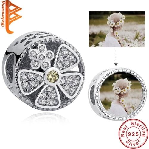 Personalized Custom Photo 925 Sterling Silver Bead Charm Crystal Daisy Flower Bead Fit Pandora Charm Bracelet DIY Jewelry