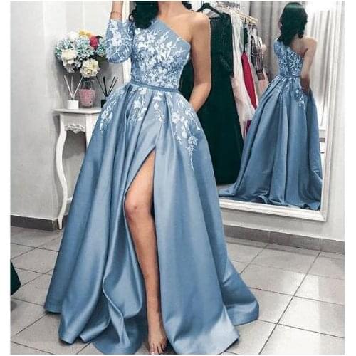Elegant 3/4 Sleeves Evening Dresses Formal pattern vestido de noiva plus size High Split Front Party Gown 2020 lace one-shoulder