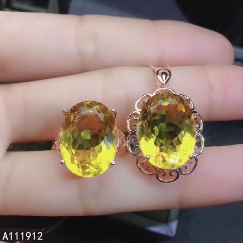 KJJEAXCMY fine jewelry Citrine 925 sterling silver women pendant necklace chain ring set trendy