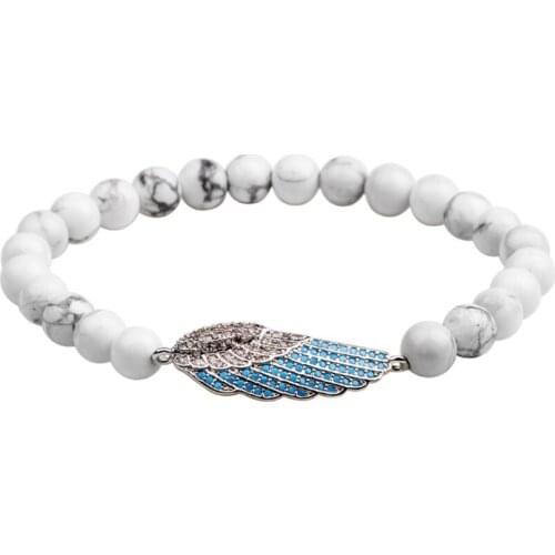 Classic Style Silver Plated Angel Wing with Cubic Zirconia White Howlite Stone Round Beads Elastic Bracelet Charm Jewelry