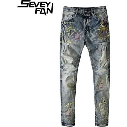 SEVEYFAN Mens Hi Street Hand Painted Ripped Hole Jeans Blue Skinny Pencil Denim Pants Streetwear Jean Joggers for Male