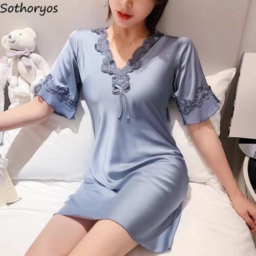 Nightgowns Women Loose Casual V-neck Short Sleeve Summer SleepWear Female Skin-friendly Simple Sexy Lace Mini Plus Size M-3XL