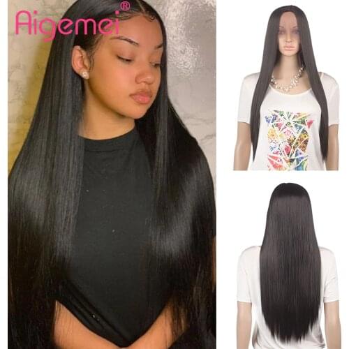 Aigemei Synthetic Lace Front Wig For Black Women High Temperature Fiber Long Straight Hair